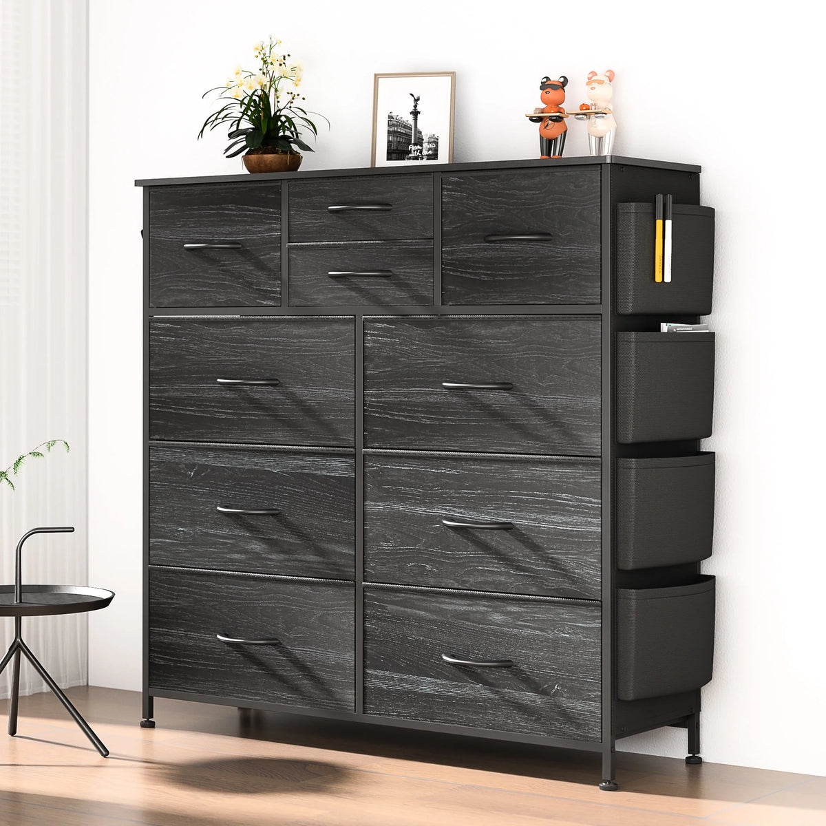 10 Drawer Fabric Dresser with Side Pockets and Hooks U779