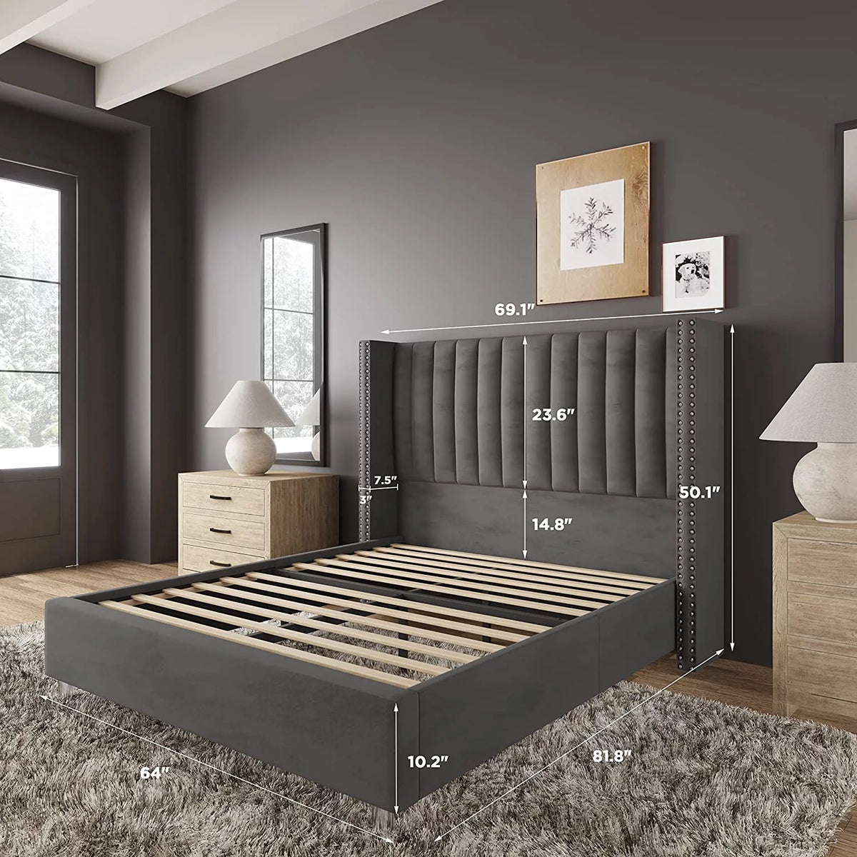 King Size Velvet Upholstered Bed Frame I679