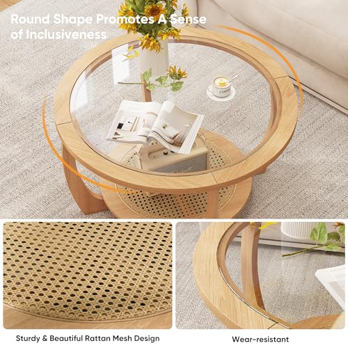 Round Wood Glass Rattan Coffee Table C58588
