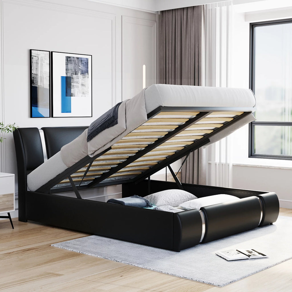 Queen Size Lift Up Storage Bed PU Upholstered Platform Bed with Headboard Black N518