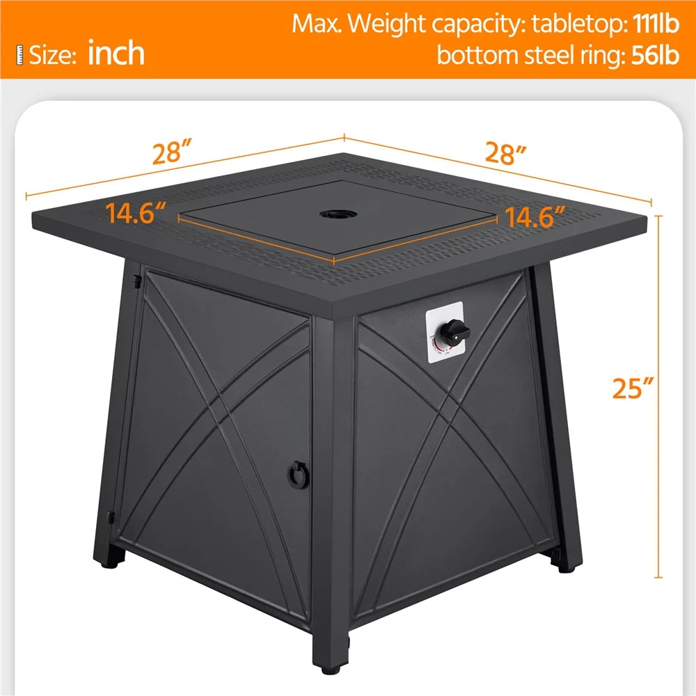 28'' Square Propane Fire Pit Table 50,000 BTU with Lid K710