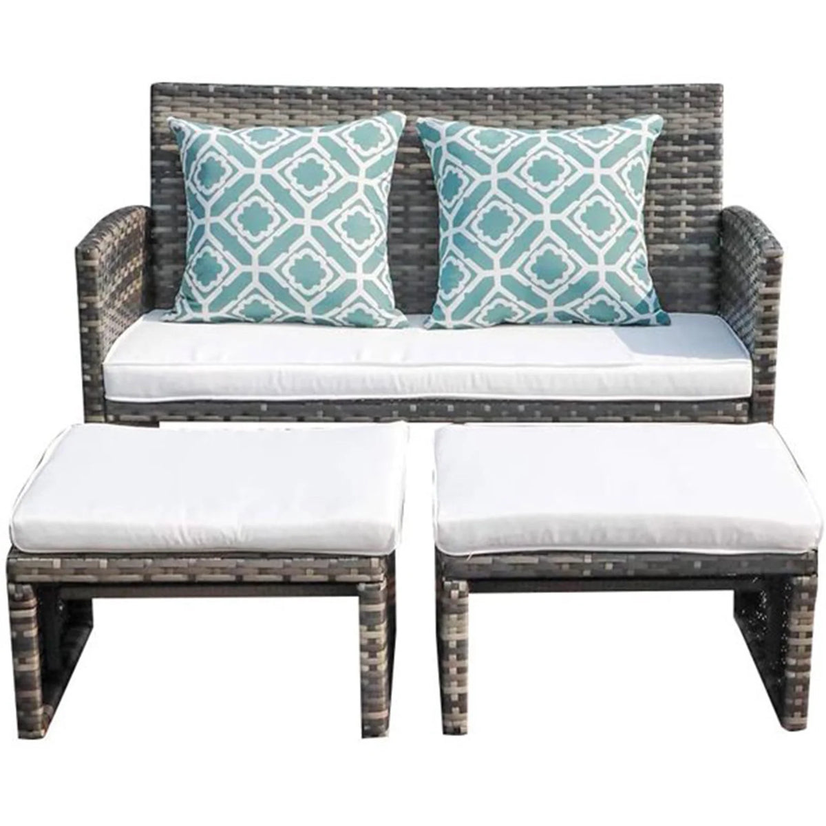 Grey Wicker Rattan Outdoor Loveseat with White Cushions D9345