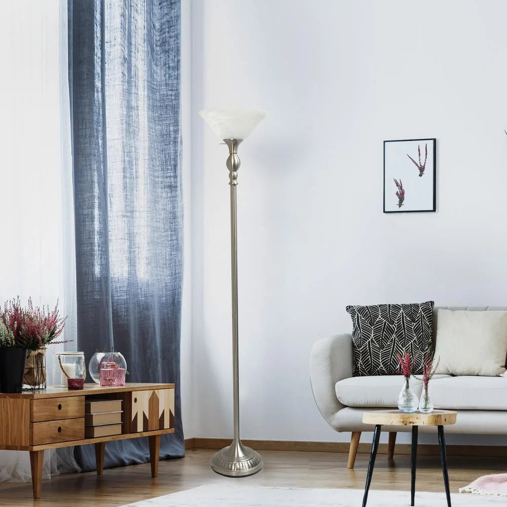 1 Light Brushed Nickel Torchiere Floor Lamp with White Glass Shade L868