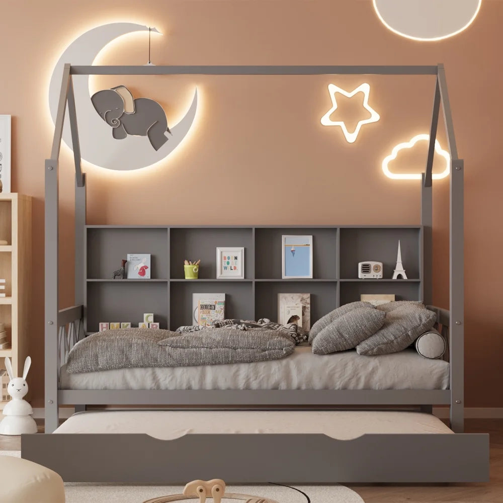 Twin House Bed with Trundle and Storage Shelve P63071