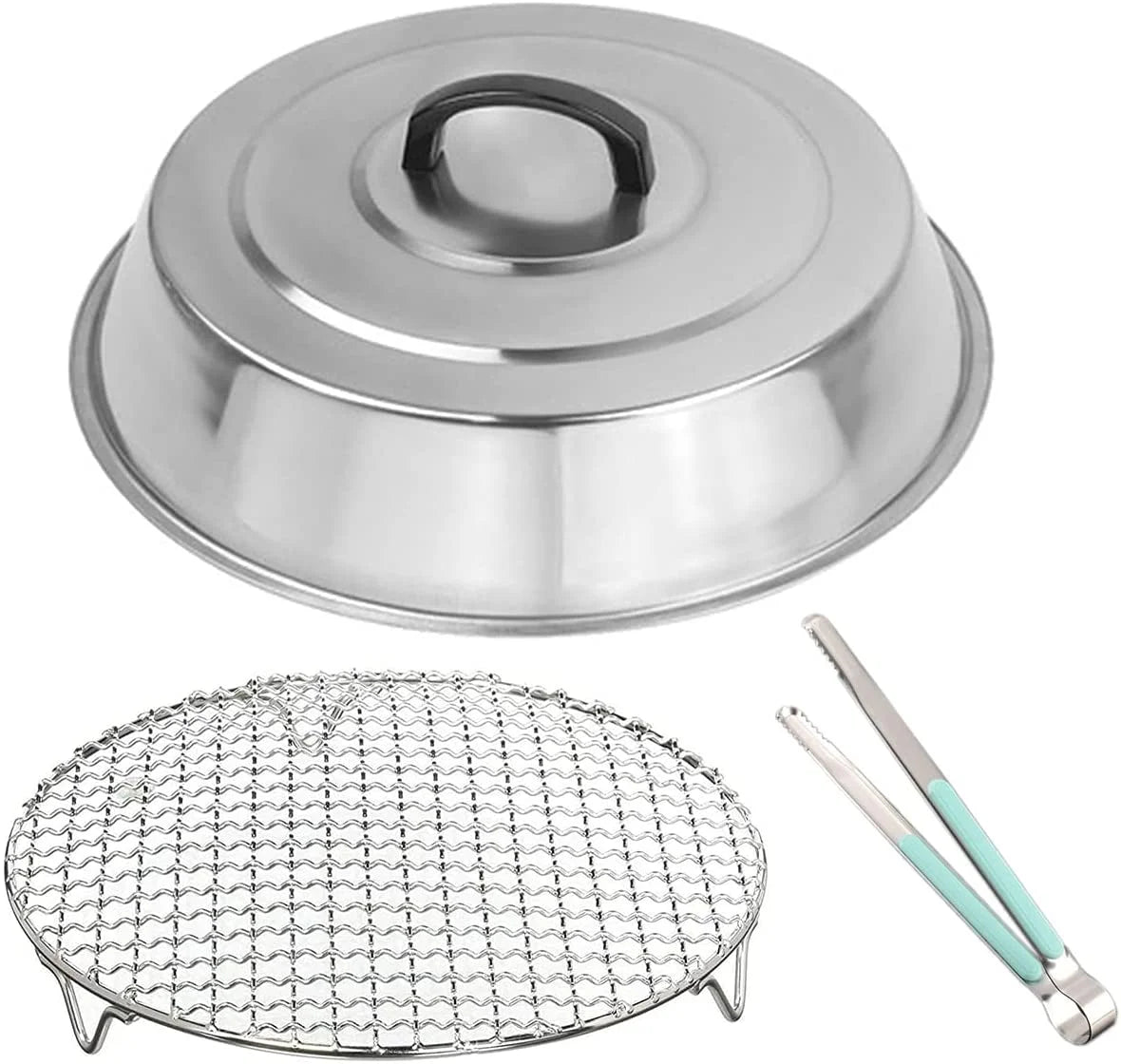 12 Inch Round Stainless Steel Basting Cover Dome and Cooling Wire Racks and BBQ Tong O5715