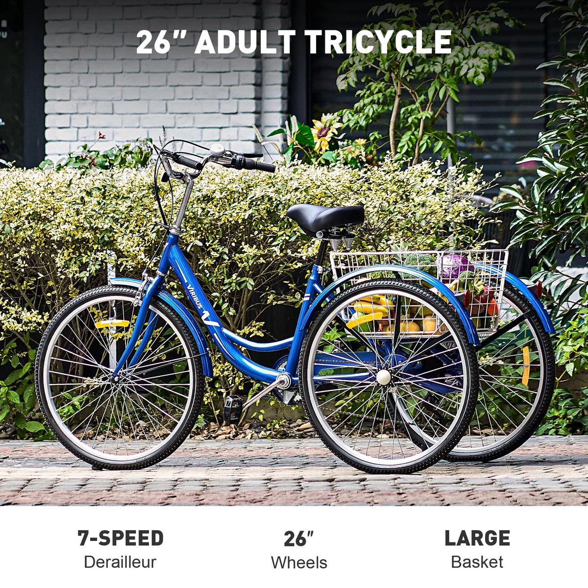 26 Inch 3 Wheel Bike with 7 Speeds & Basket E1698