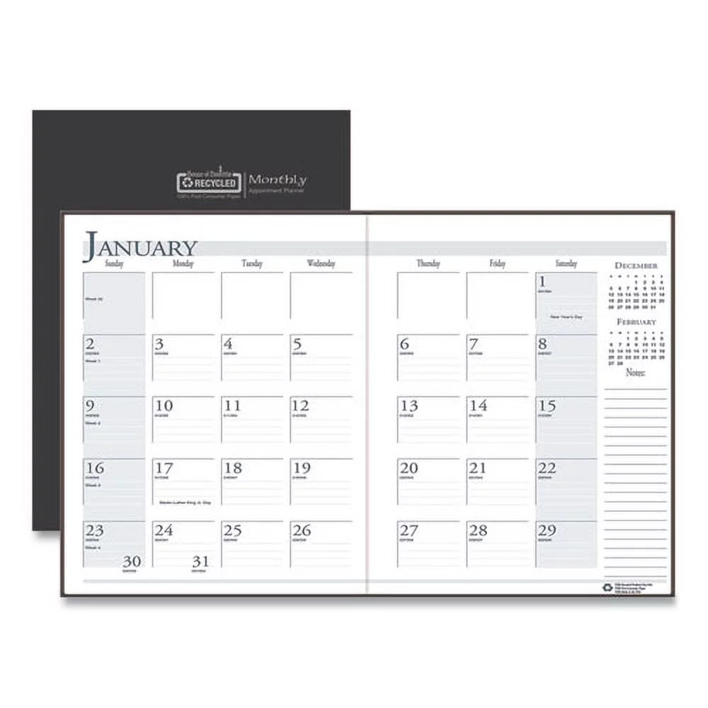 Recycled Ruled 14-Month Planner with Leatherette Cover, Black I204335