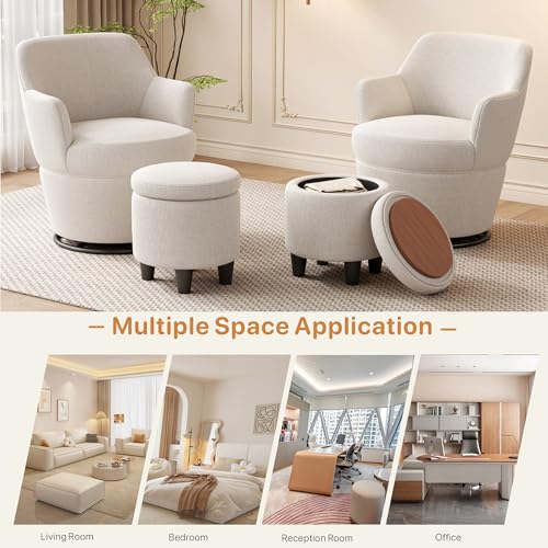 Beige Cotton Linen Upholstered Swivel Chair with Storage Ottoman Q317