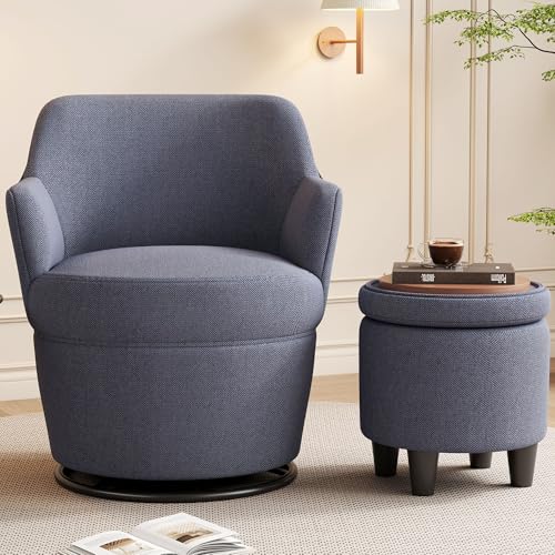 Beige Cotton Linen Upholstered Swivel Chair with Storage Ottoman Q317