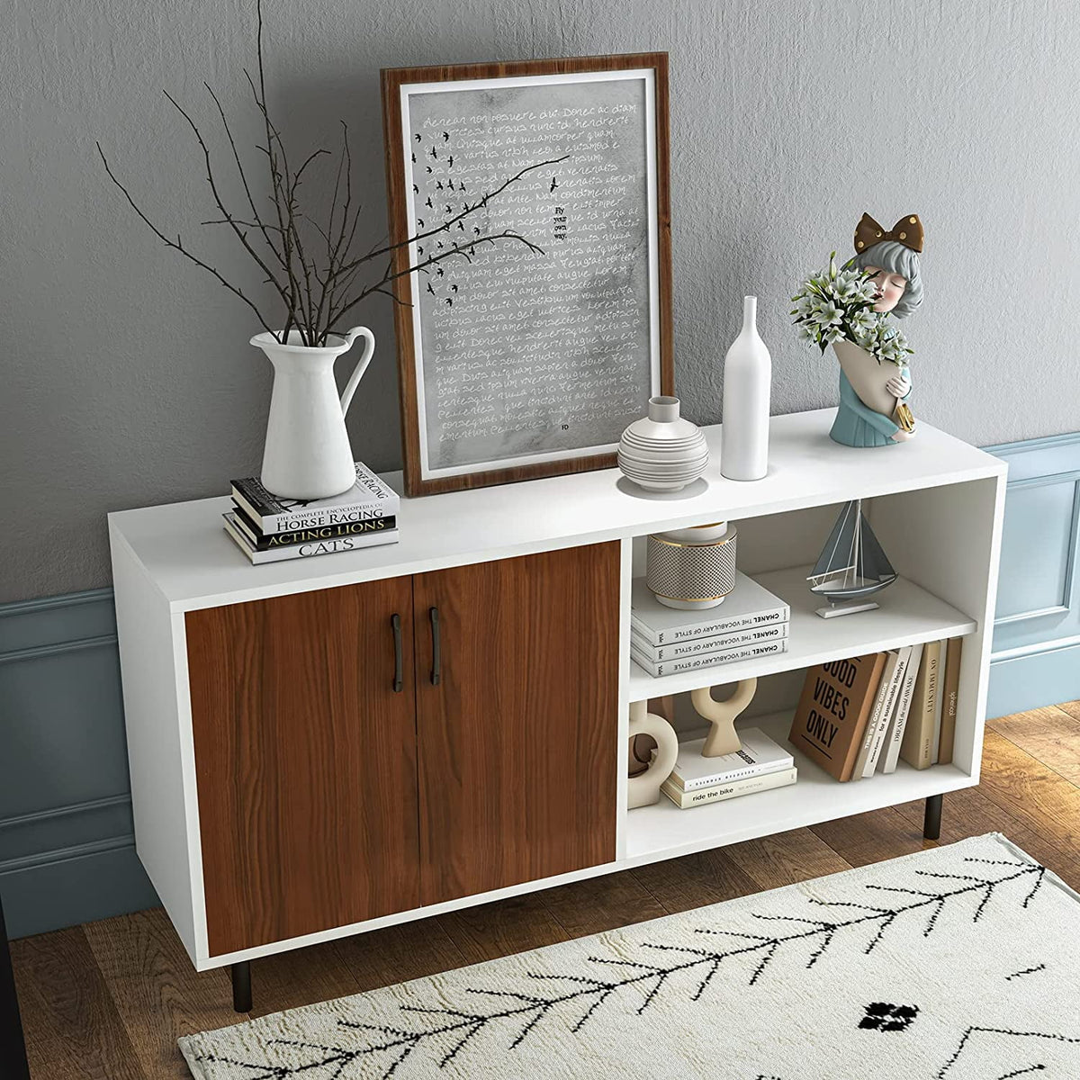 White Walnut 2 Door Buffet Sideboard with Open Shelves V45516