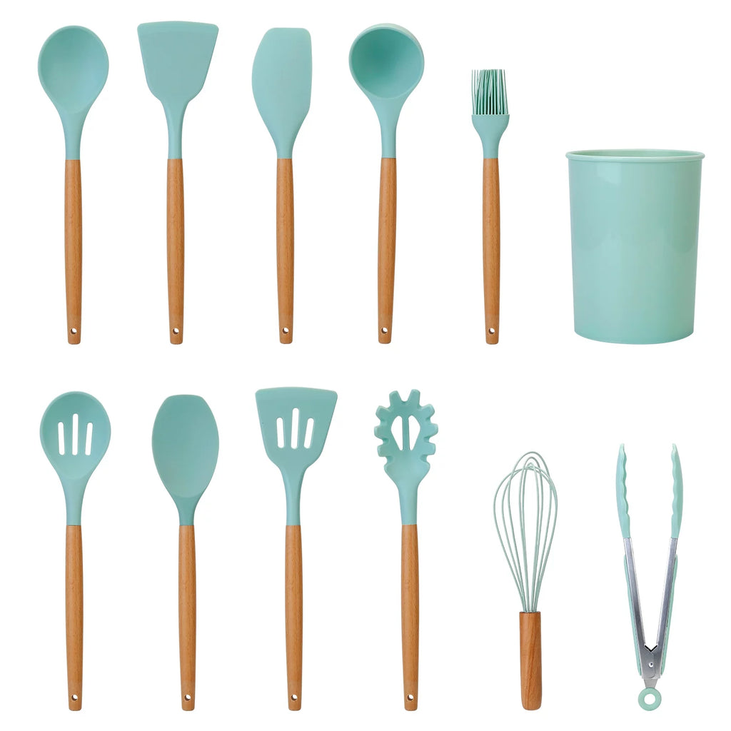 11-Piece Silicone Cooking Utensil Set with Wooden Handles, Green M95524