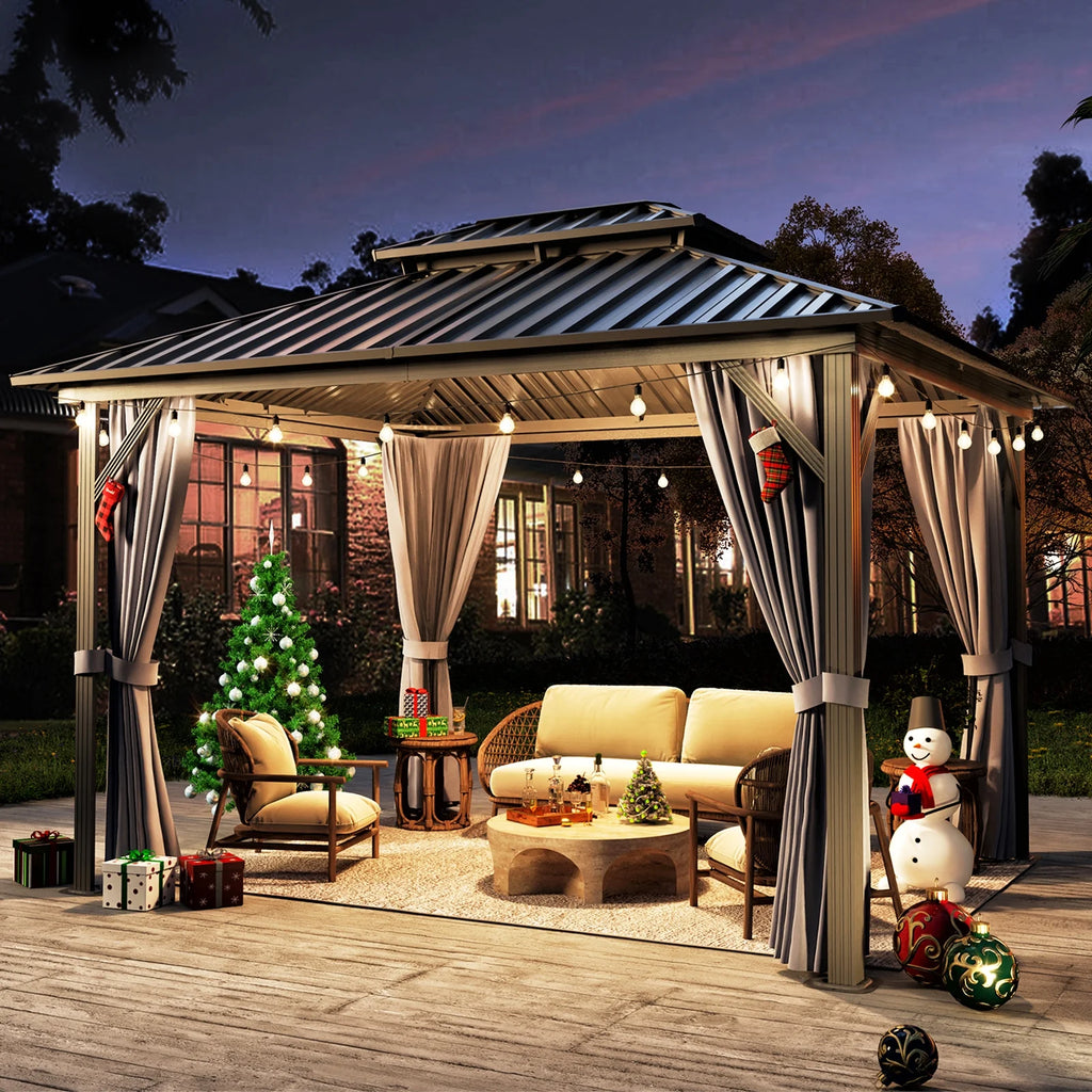 10'x12' Hardtop Steel Aluminum Gazebo with Curtains and Netting W378714