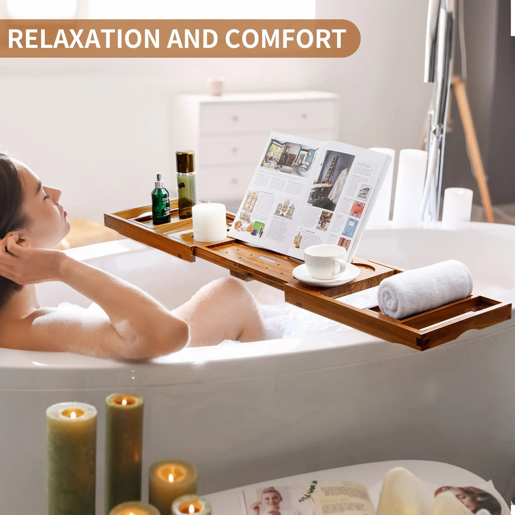 Teak Solid Wood Foldable Bathtub Tray T37470