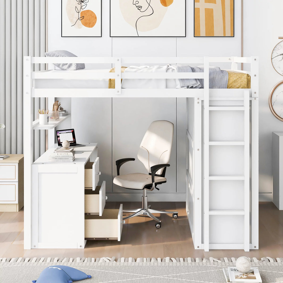 Full Size Wood Loft Bed with Desk and Storage K917312