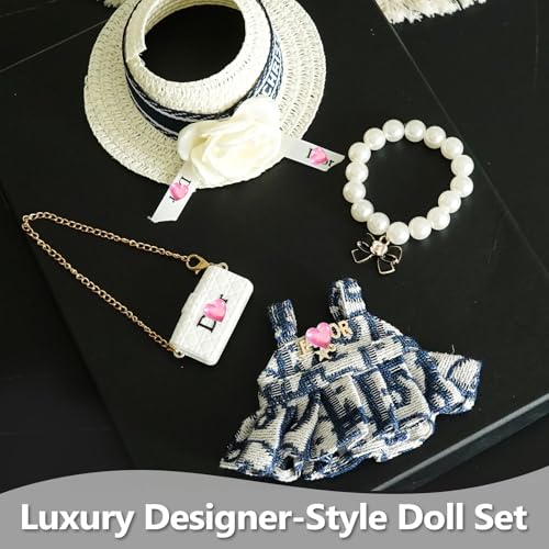 17cm Doll Clothes Set with Hat Pearl Necklace Bag Accessories Blue N64899