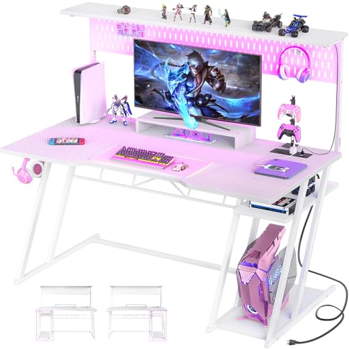 Carbon Fiber Black 47'' Gaming Computer Desk with Shelves and Outlets V7201