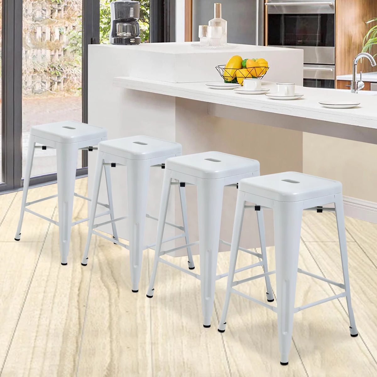 Metal Bar Stools Set of 4, 24 inch White Stackable Backless Counter Height R4203