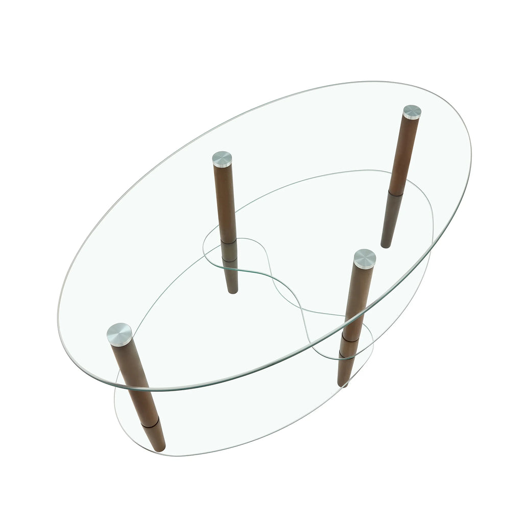 Oval Glass Coffee Table with Oak Wood Legs Z128933