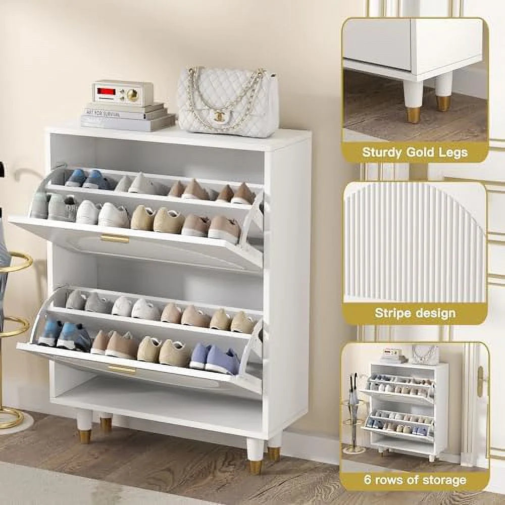 White Slim Narrow Shoe Cabinet with Doors 2 Flip Drawer R8158