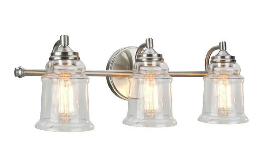 Three-Light Brushed Nickel Bathroom Vanity Wall Light Fixture with Clear Glass Shade L96035