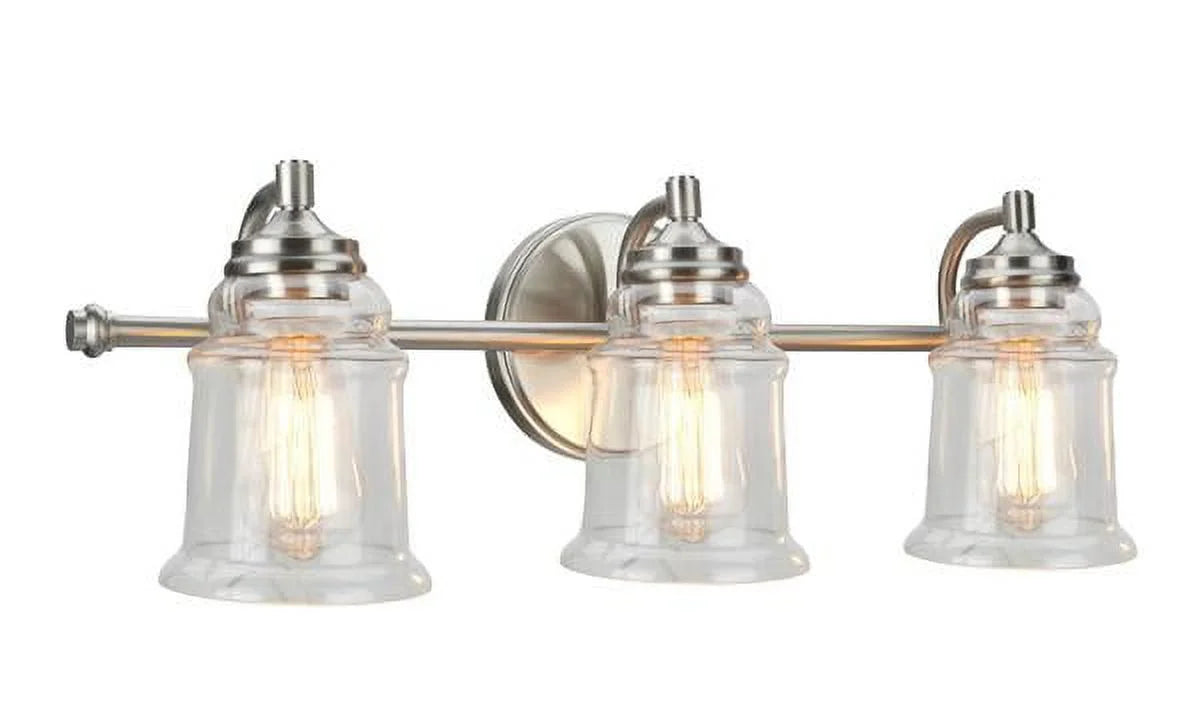 Three-Light Brushed Nickel Bathroom Vanity Wall Light Fixture with Clear Glass Shade L96035