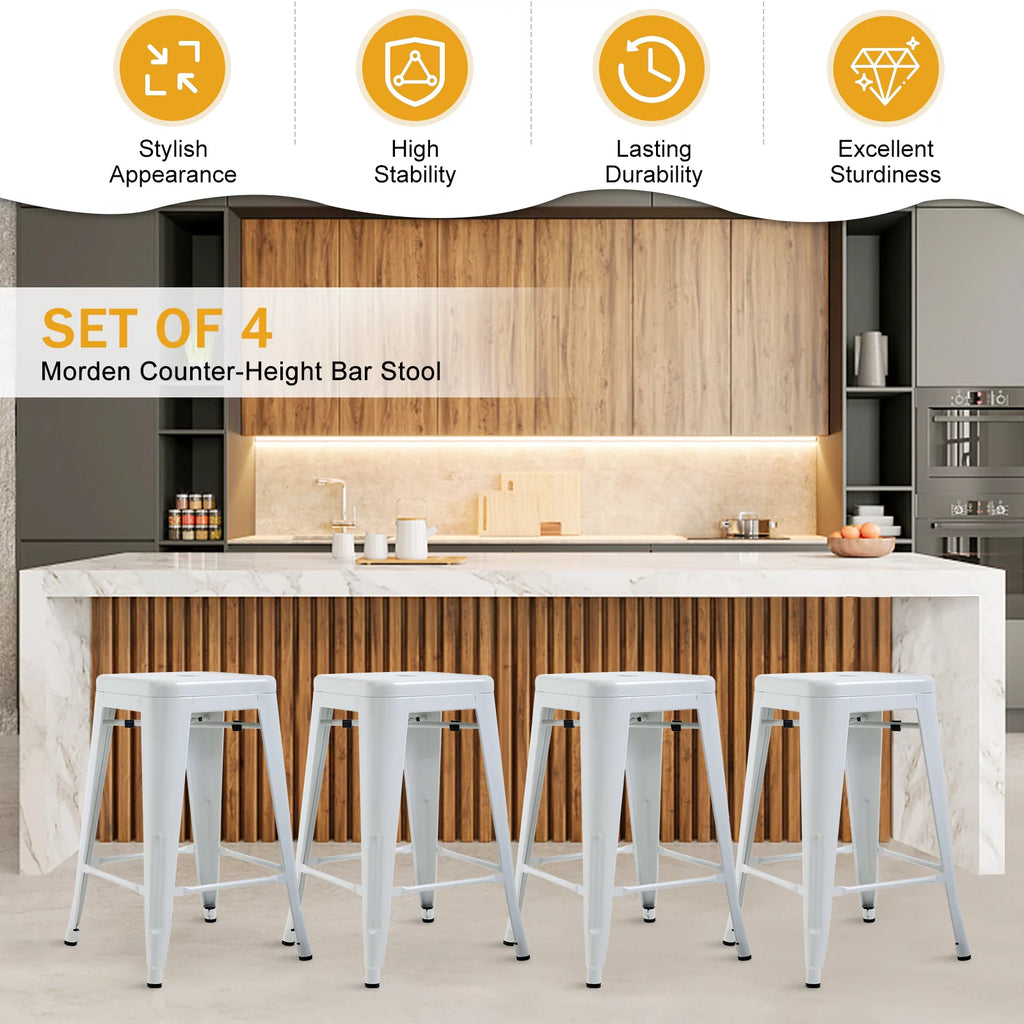 Metal Bar Stools Set of 4, 24 inch White Stackable Backless Counter Height R4203