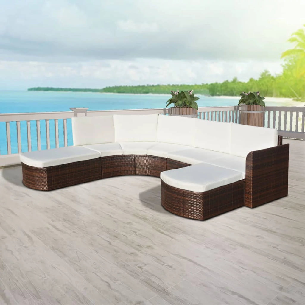 4 Piece Cushioned Corner Sofa with 2 Ottoman Brown Poly Rattan Outdoor Conversation Set Q553511