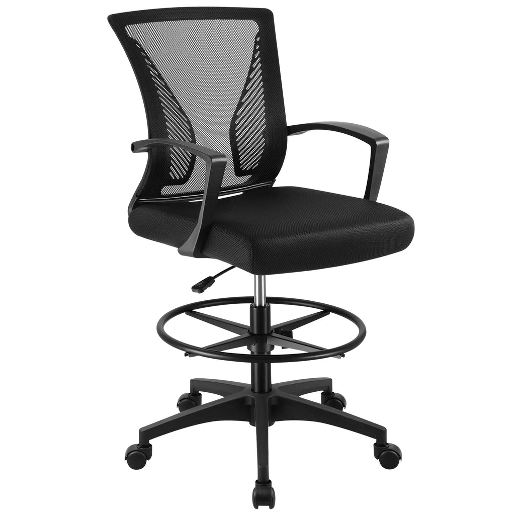 Adjustable Height Drafting Chair with Armrest and Foot Ring, Black Q400602