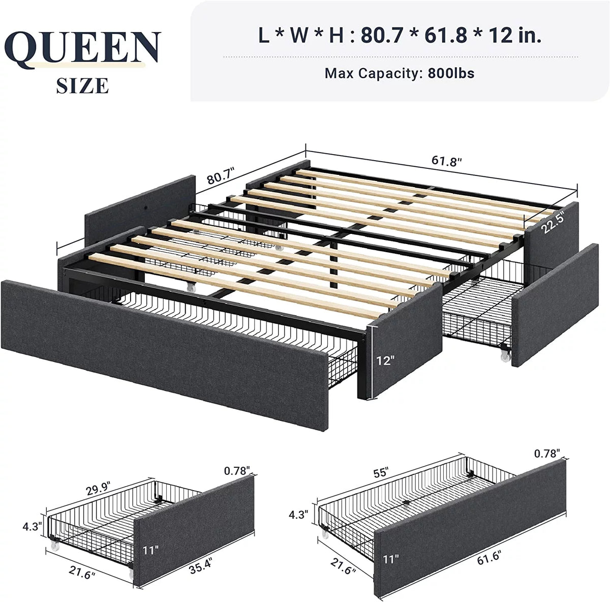 Queen Size Platform Bed Frame with 3 Storage Drawers V654073