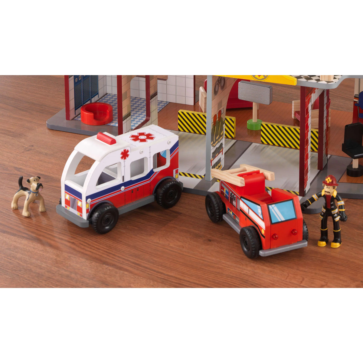 Wood Rescue Play Set with Ambulance, Fire Truck, Helicopter & 27 Pieces V873