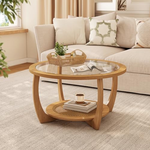 Round Wood Glass Rattan Coffee Table C58588