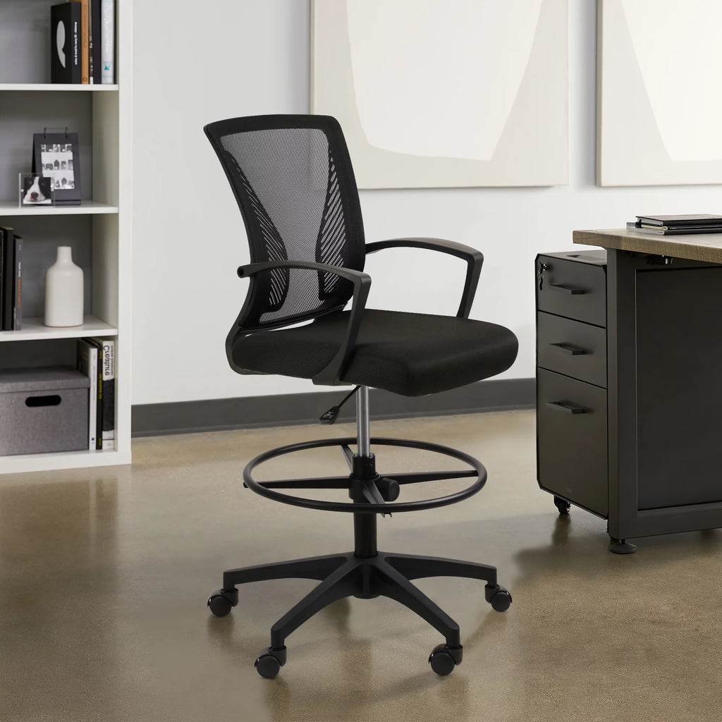 Adjustable Height Drafting Chair with Armrest and Foot Ring, Black Q400602