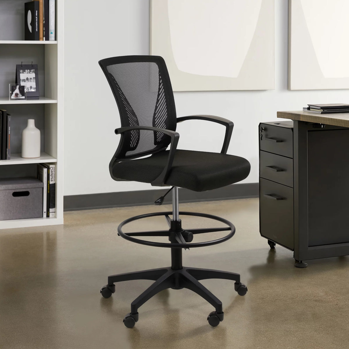 Adjustable Height Drafting Chair with Armrest and Foot Ring, Black Q400602