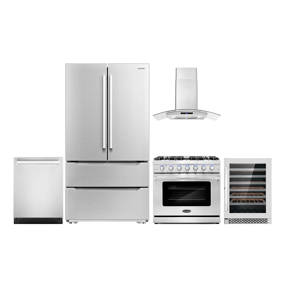36 Gas Range, Wall Mount Range Hood, Dishwasher, Refrigerator with Ice Maker and Wine Cooler T789388