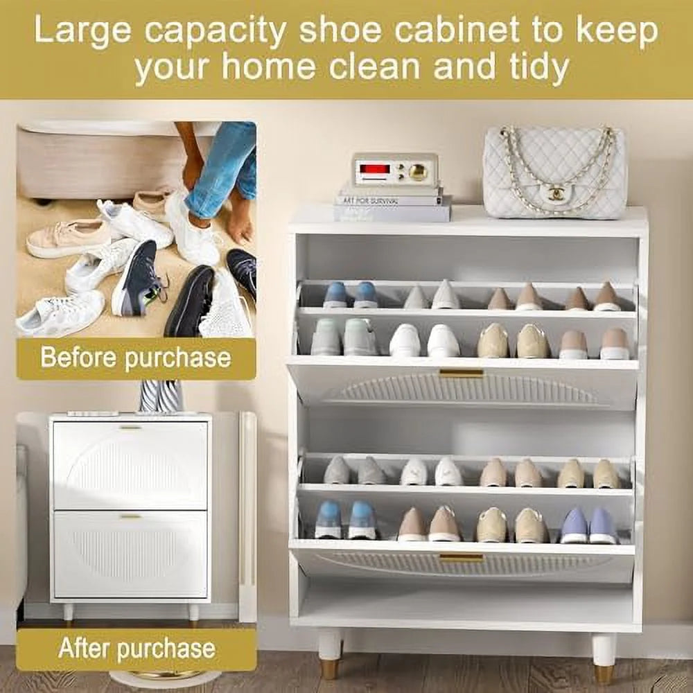 White Slim Narrow Shoe Cabinet with Doors 2 Flip Drawer R8158