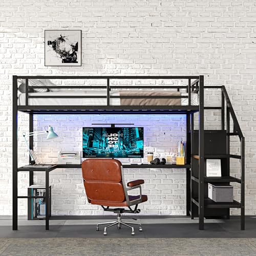 Full Size Metal Loft Bed with L-shaped Desk and Wardrobe D3559