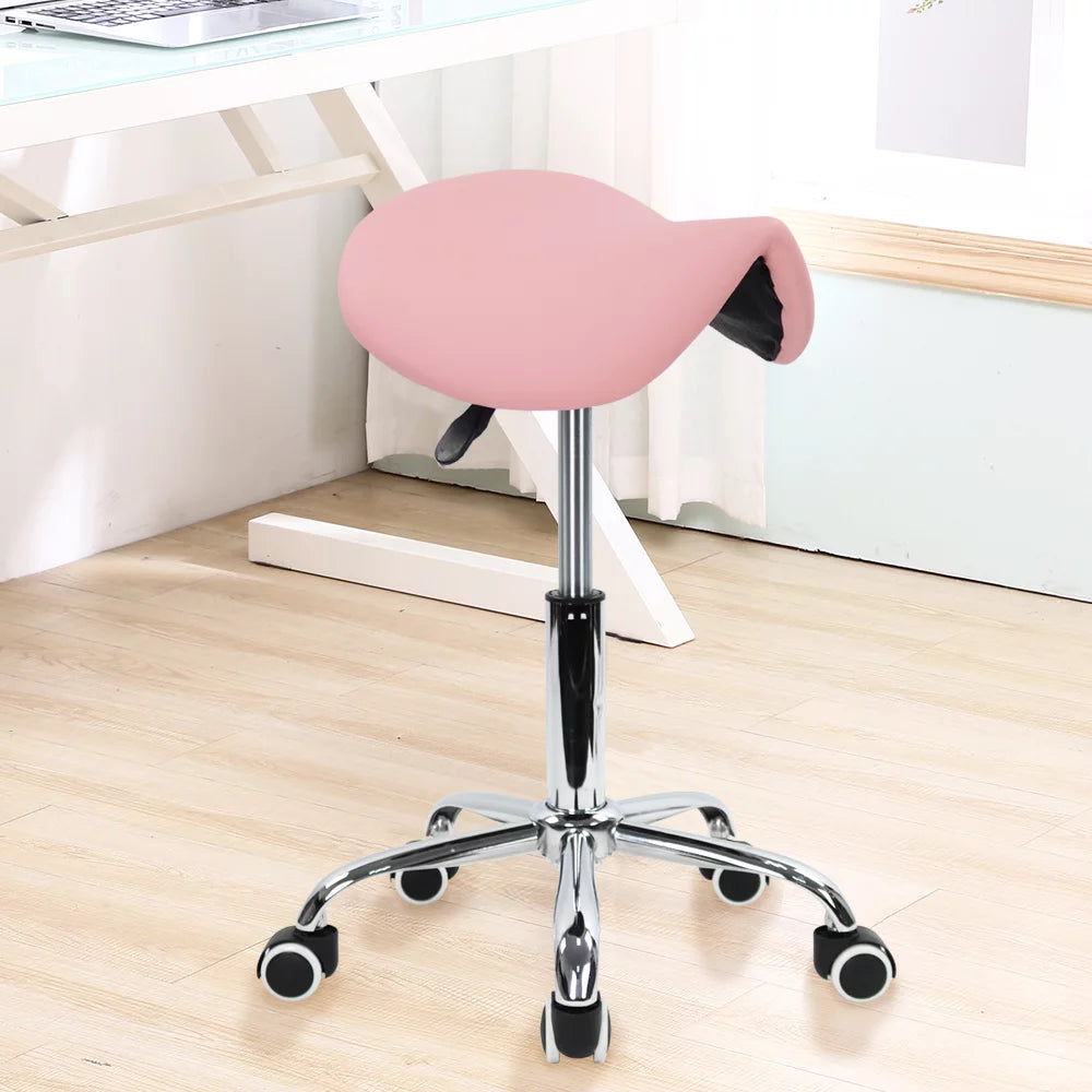 Pink PU Leather Adjustable Rolling Saddle Stool B87932