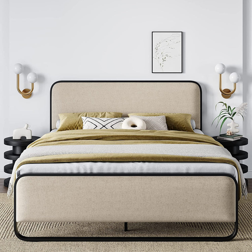 Queen Size Beige Metal Platform Bed Frame with Upholstered Headboard and Footboard B75479