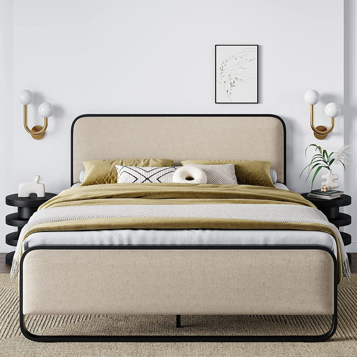 Queen Size Beige Metal Platform Bed Frame with Upholstered Headboard and Footboard B75479