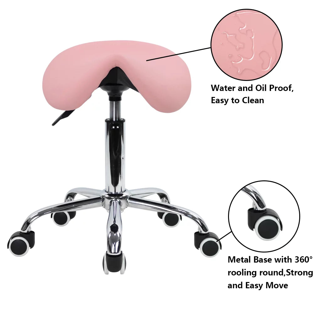 Pink PU Leather Adjustable Rolling Saddle Stool B87932