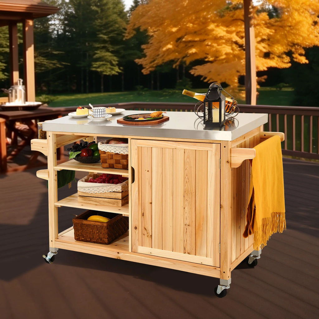 Solid Wood Outdoor Table and Storage Cabinet with Stainless Steel Top T880