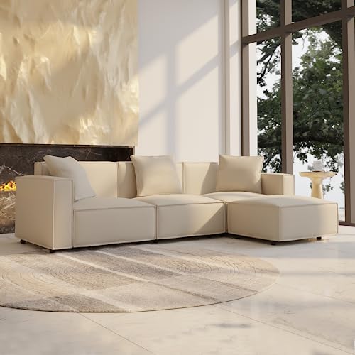 Cream L-Shape Sectional Sofa with Ottoman and Chaise V7823