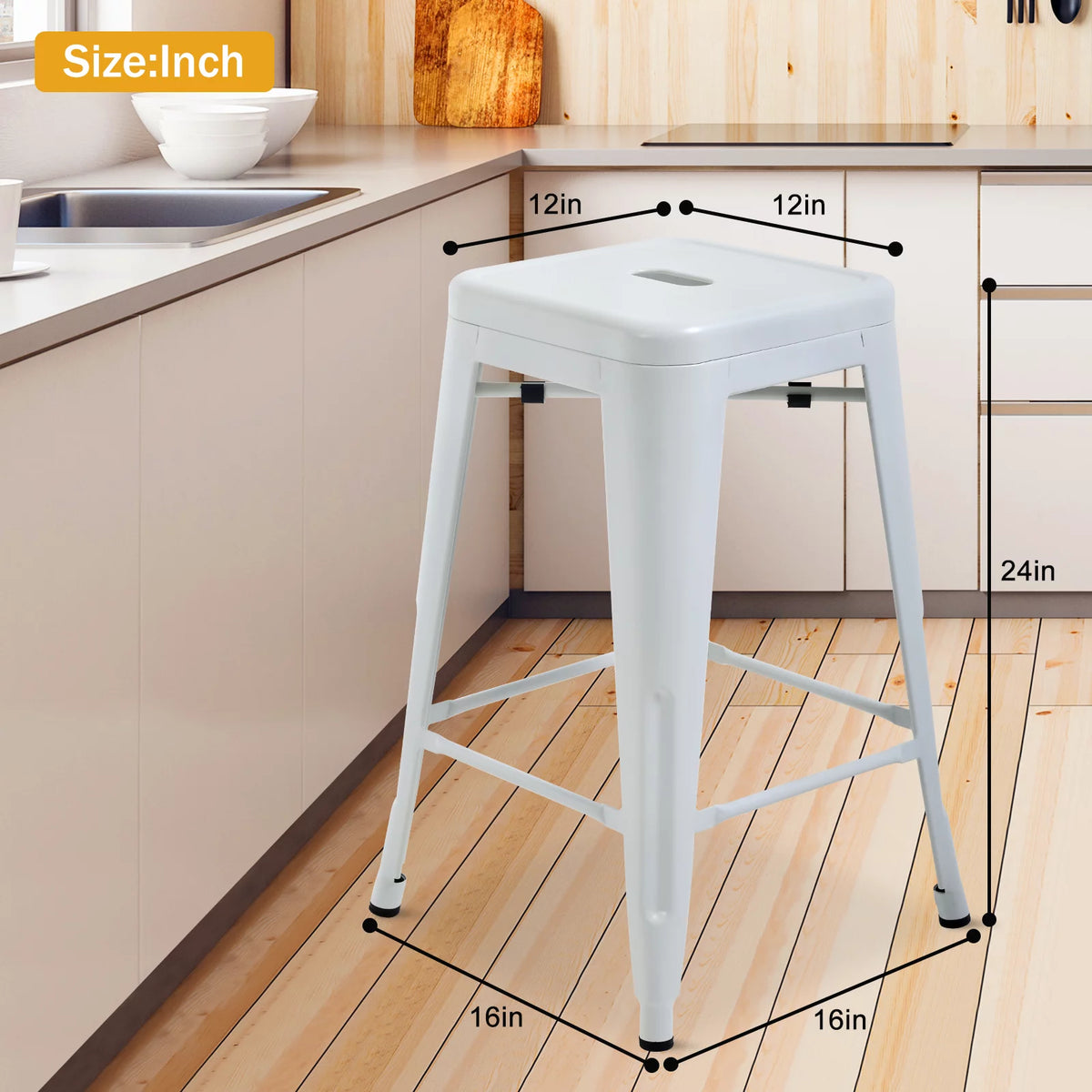 Metal Bar Stools Set of 4, 24 inch White Stackable Backless Counter Height R4203