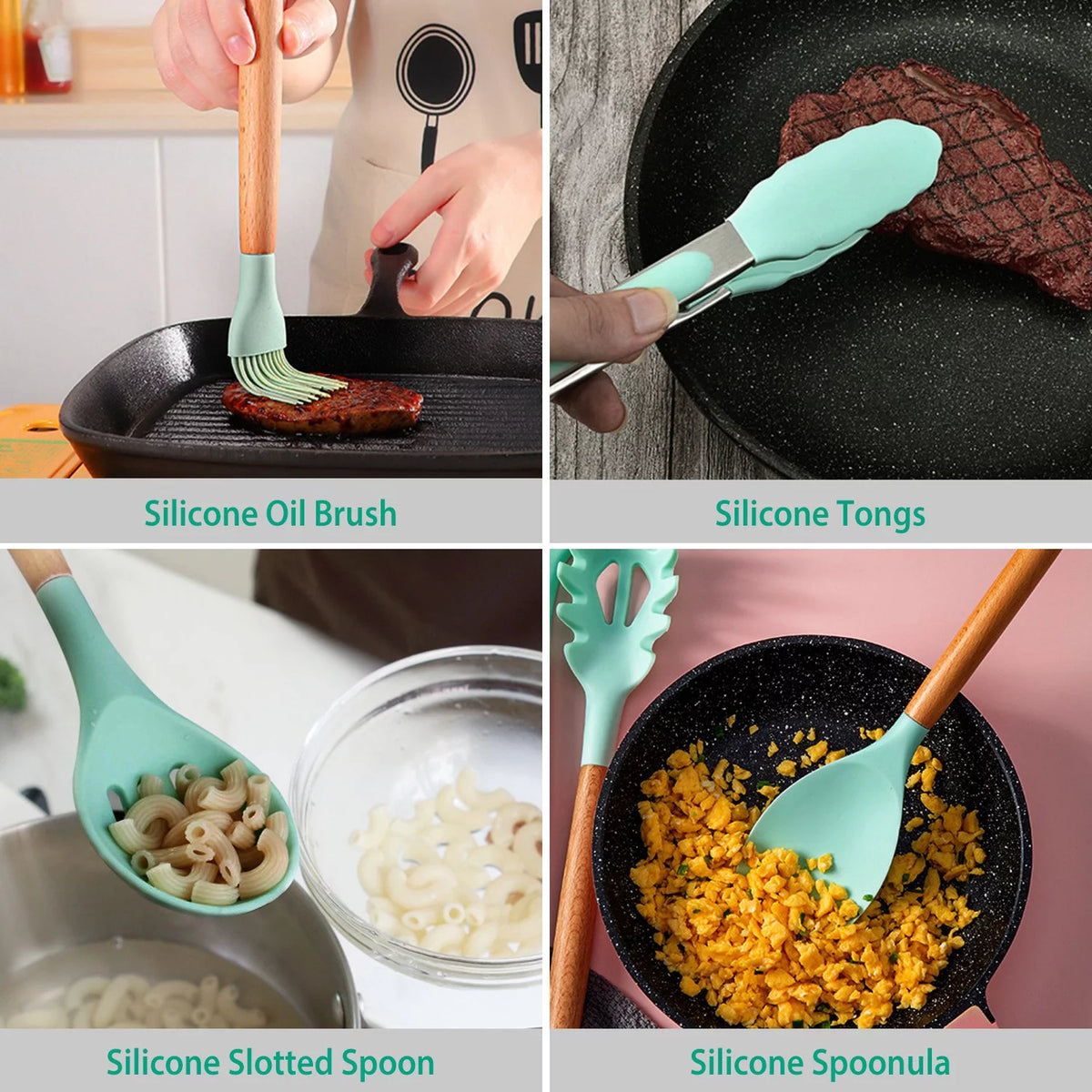 11-Piece Silicone Cooking Utensil Set with Wooden Handles, Green M95524