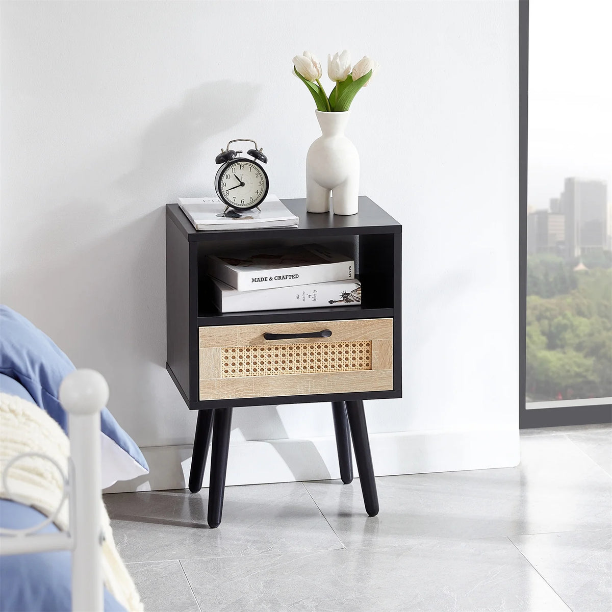 Black Rattan End Table with Drawer and Open Shelf W4007