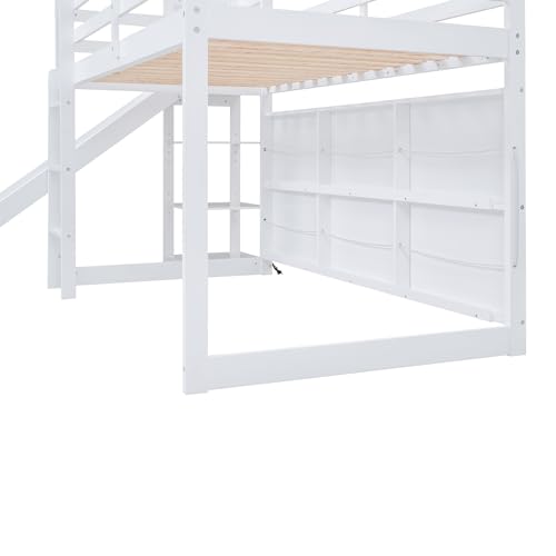 White Twin Size Wood House Loft Bed with Slide and Storage Shelves U78049
