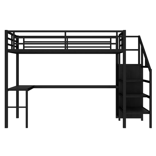 Full Size Metal Loft Bed with L-shaped Desk and Wardrobe D3559