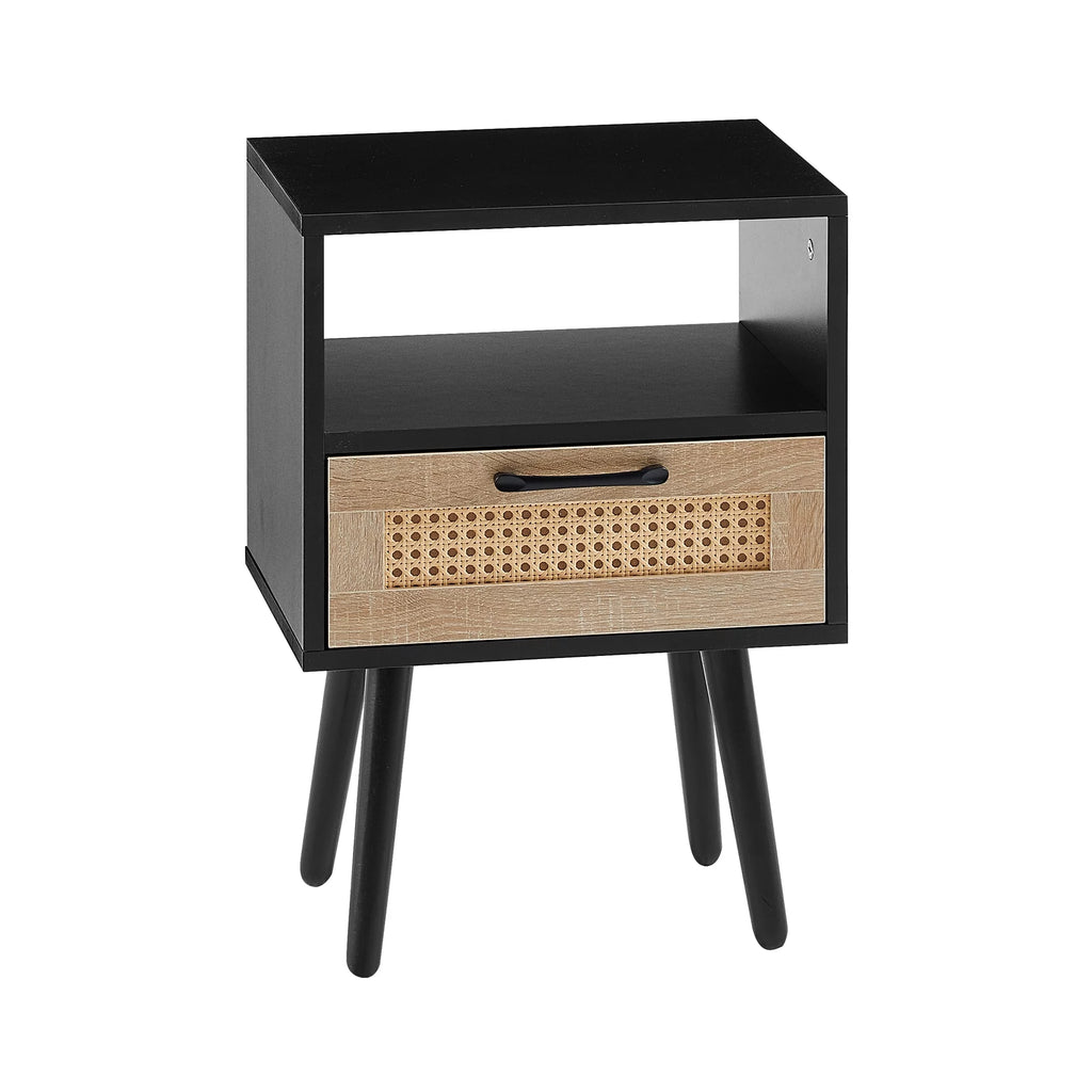 Black Rattan End Table with Drawer and Open Shelf W4007