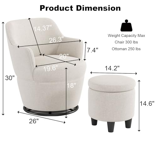 Beige Cotton Linen Upholstered Swivel Chair with Storage Ottoman Q317
