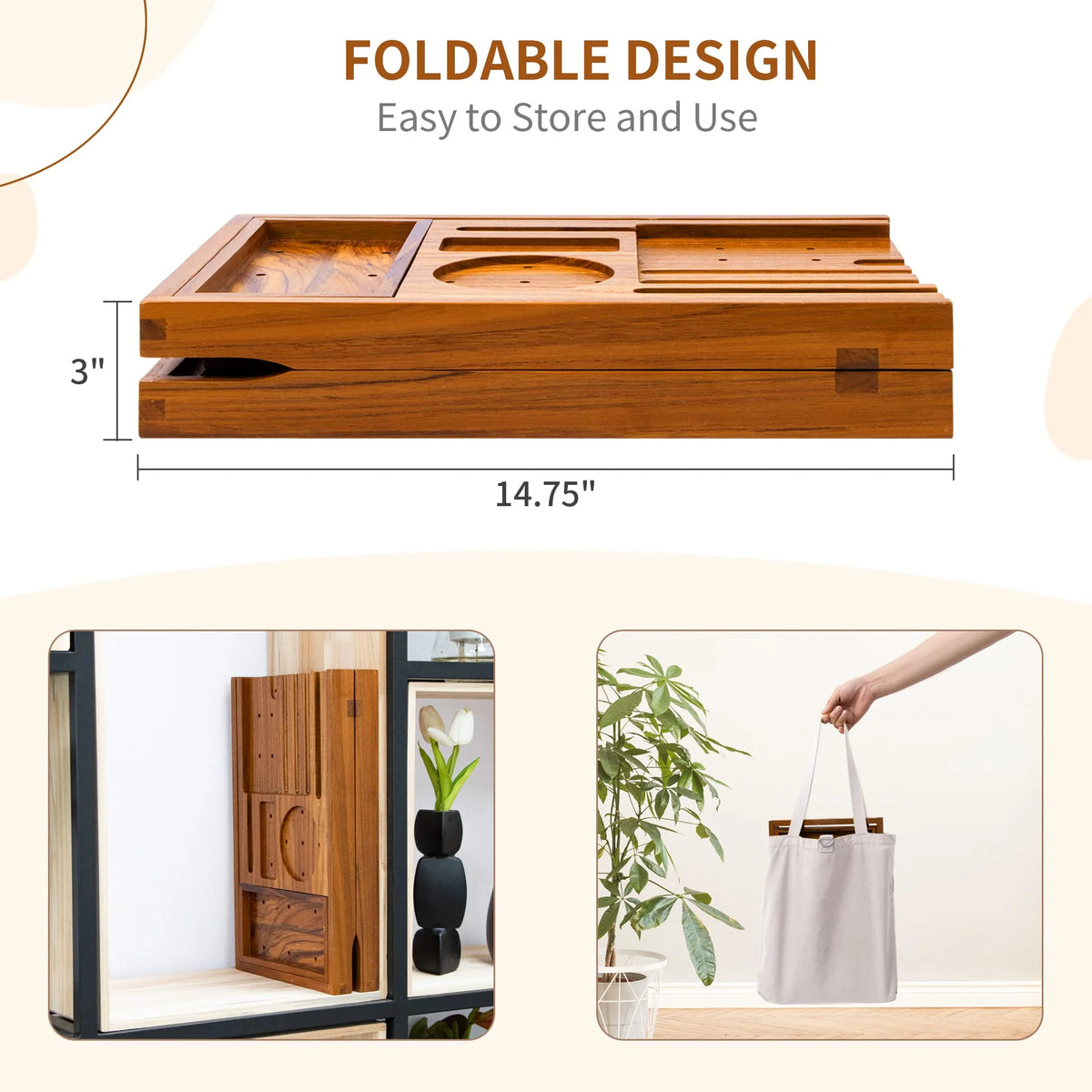 Teak Solid Wood Foldable Bathtub Tray T37470